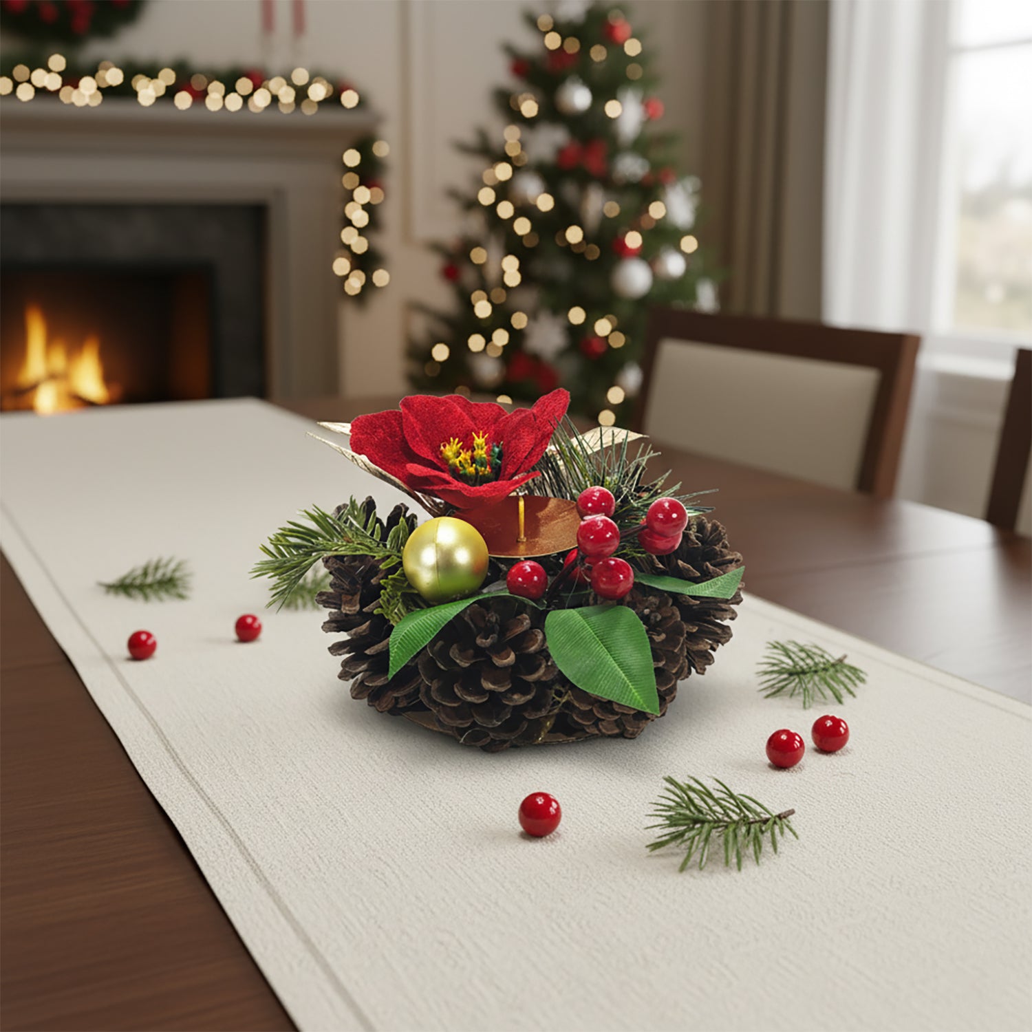 VESTIAMO CASA GRAN NATALE - Portacandela Natalizio con Pigne, Fiore Rosso e Bacche - diametro 14,5 cm